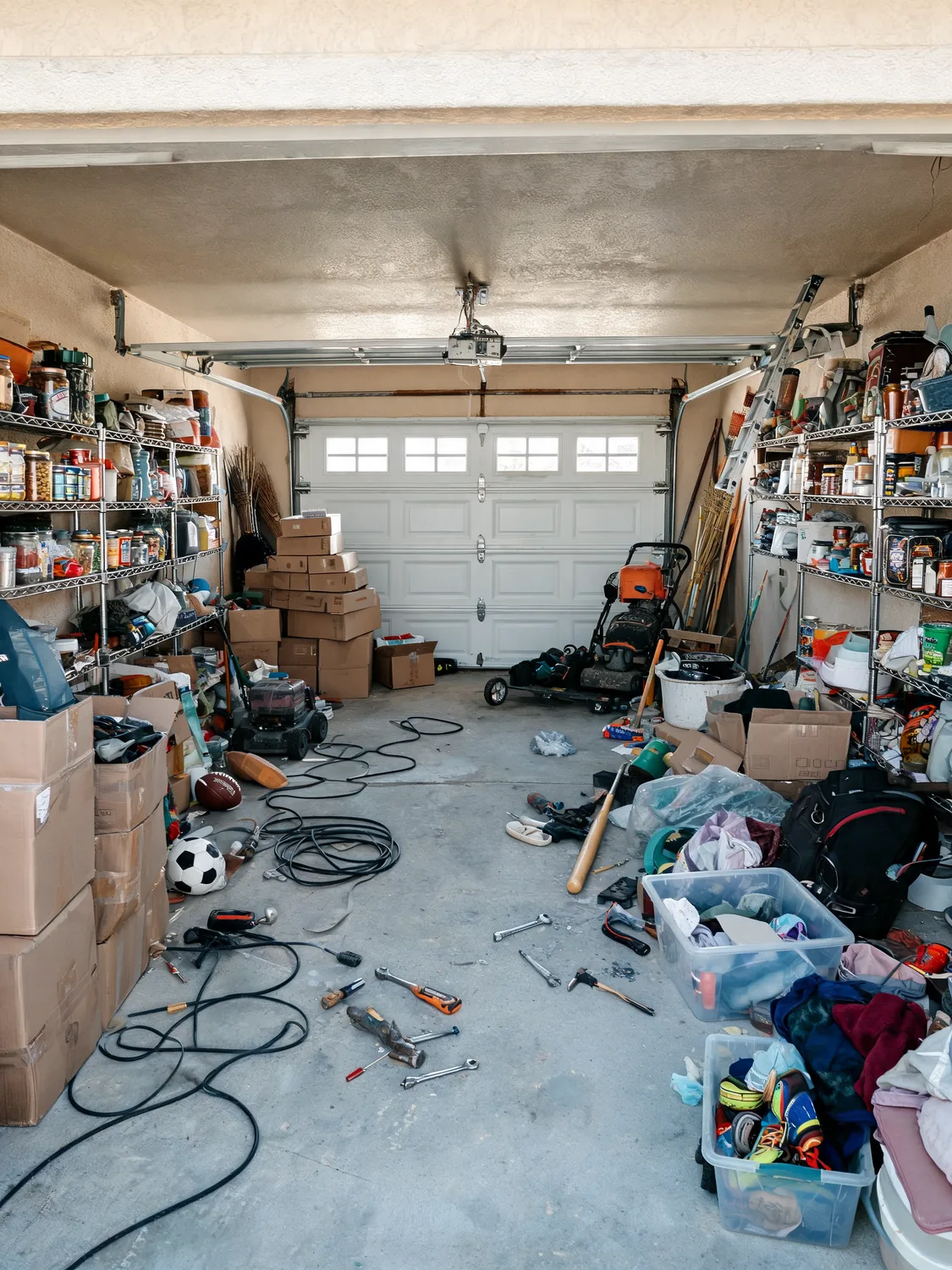 Cluttered garage before transformation