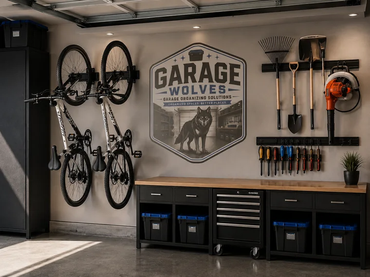 Two bikes on wall-mounted racks beside a rail of rakes, shovels and a leaf blower
