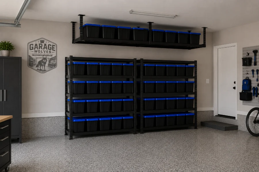 Ceiling racks and shelving with labeled bins installed in a finished garage