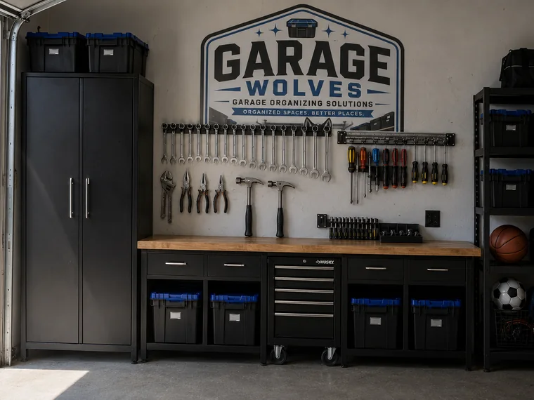Wall-mounted wrench, plier and screwdriver rails above a workbench with labeled bins