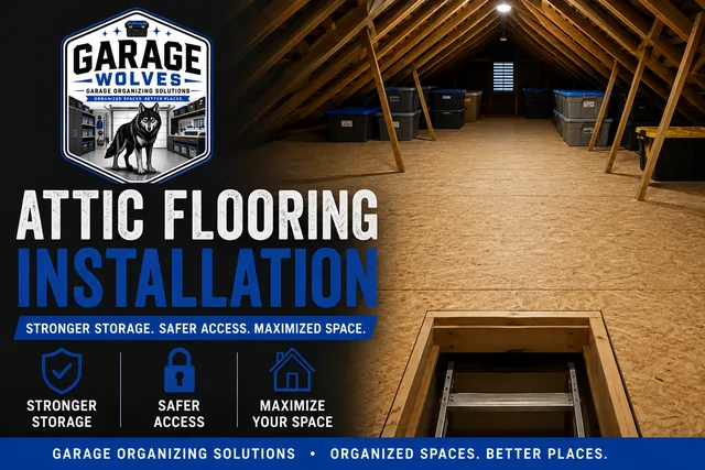 Decked attic with plywood over the joists and storage bins along the far wall
