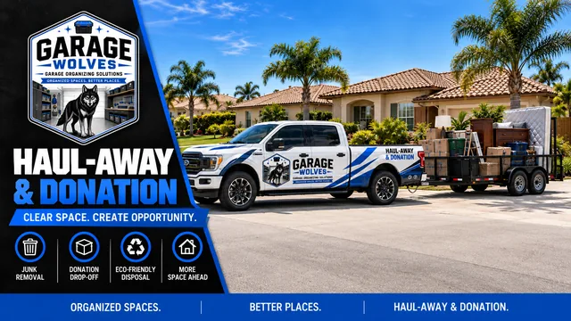 Garage Wolves truck and loaded trailer on a driveway during a haul-away run