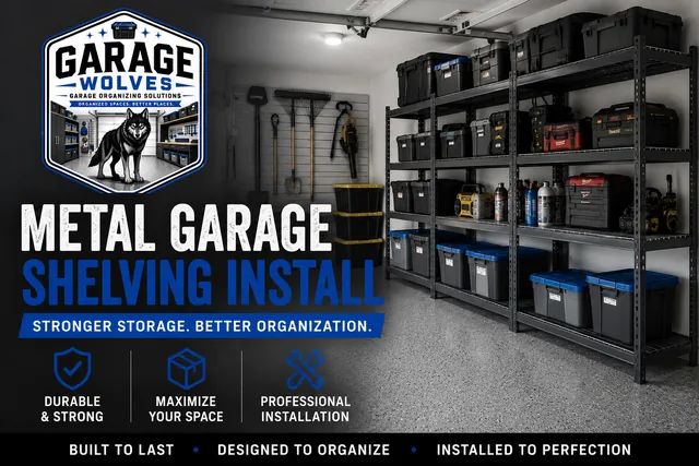 Metal garage shelving bays loaded with labeled bins and tool cases
