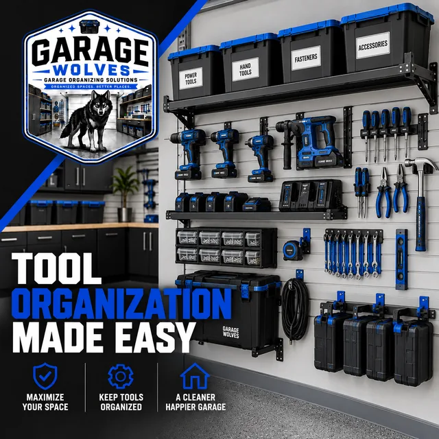 Hand tools and power tools arranged on a wall rail system above a workbench