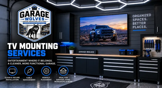 A wall-mounted television above a run of garage cabinets and a workbench
