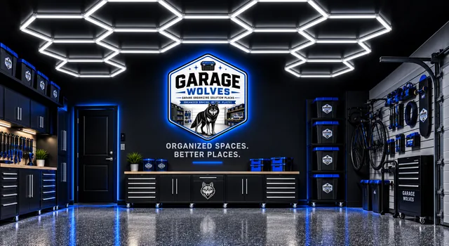 Hexagon LED panels lighting a garage ceiling above cabinets and a workbench
